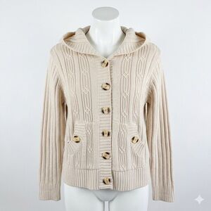 Vintage Y2K Digital Cream Cable Knit Hooded Cardigan Women’s Large